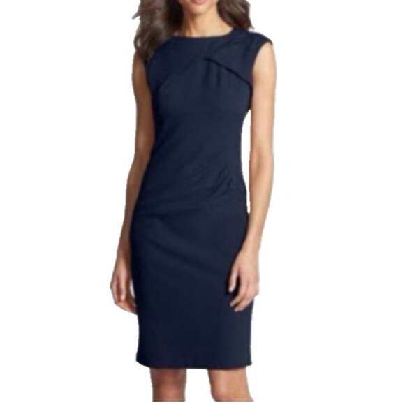 Adrianna Papell Dress 12 Navy Blue Stretch Sleeveless Sheath Career Church - Picture 2 of 10